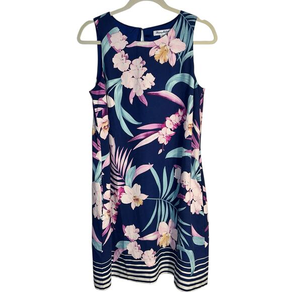 Tommy Bahama 100% Silk Sleeveless Tropical Floral Dress Navy Pink Size Small - Picture 1 of 8